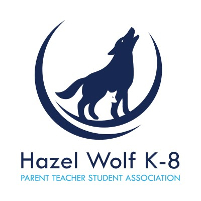 Two wolves together in blue and white. Below is text Hazel Wolf K-8 Parent Teacher Student Association.