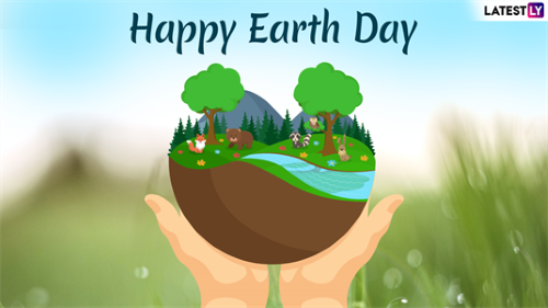 Happy Earth Day text, hands holding a nature scene 